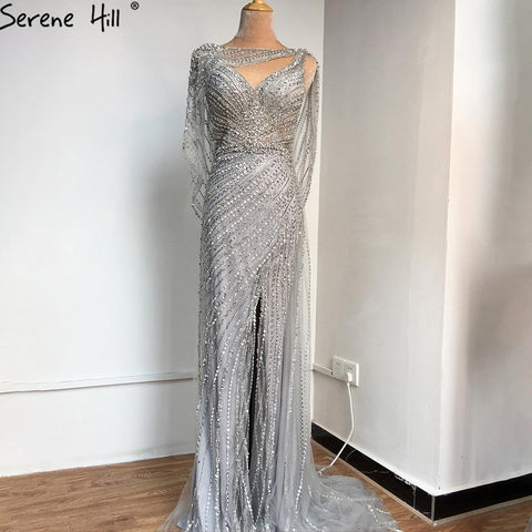 Luxury Champagne Split Diamond Beaded Sleeveless Evening Dress LA70301
