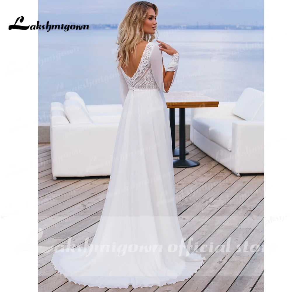 Simple Boho Wedding Dress Customized Robe Longue Vintage Lace Chiffon Long Wedding Dresses Chic Bridal Gowns