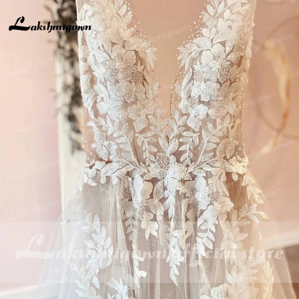Custom A Line Backless Wedding Dress Featuring Beaded Lace Tulle