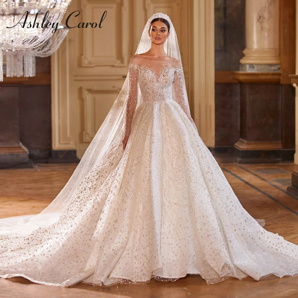 Ashley Carol Luxury Wedding Dresses For Women Real Photos Long Sleeve Princess Sparkling Beaded Bridal Dress Vestidos De Novia