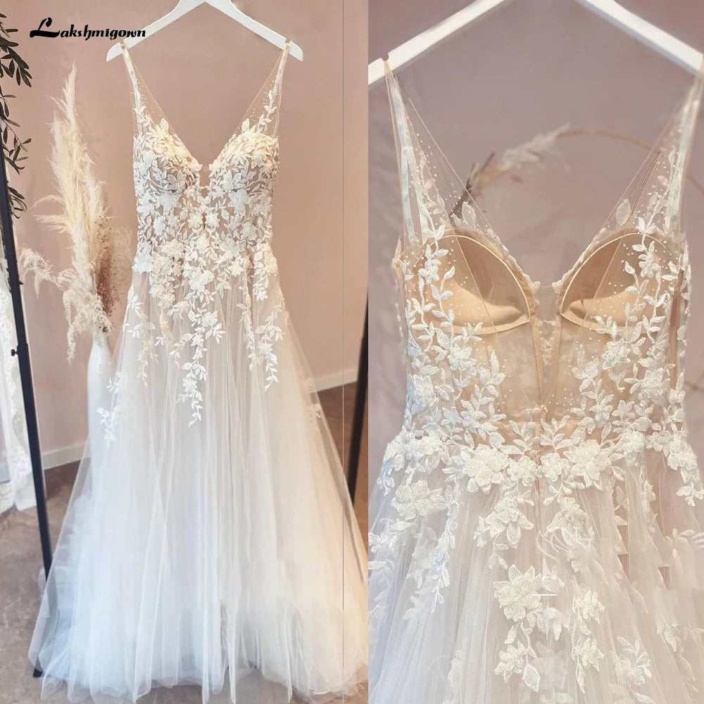 ZapDress Unlined Bodice FLowy A Line Tulle Wedding Dress With V Neck Bridal Gown Beach Bridal Gown Customized Robe De Mariee