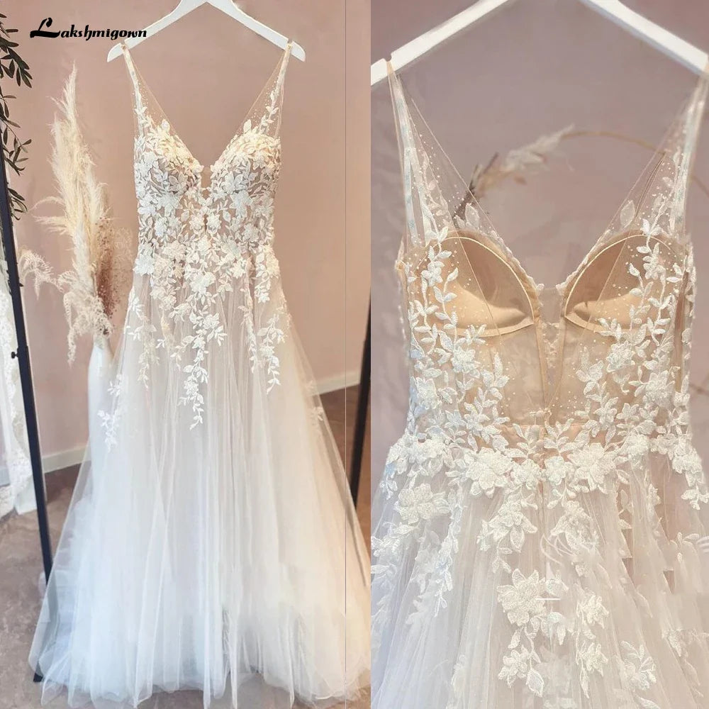 Lakshmigown Flowy A Line Tulle V Neck Wedding Dress With Custom Made Beach Bridal Gown