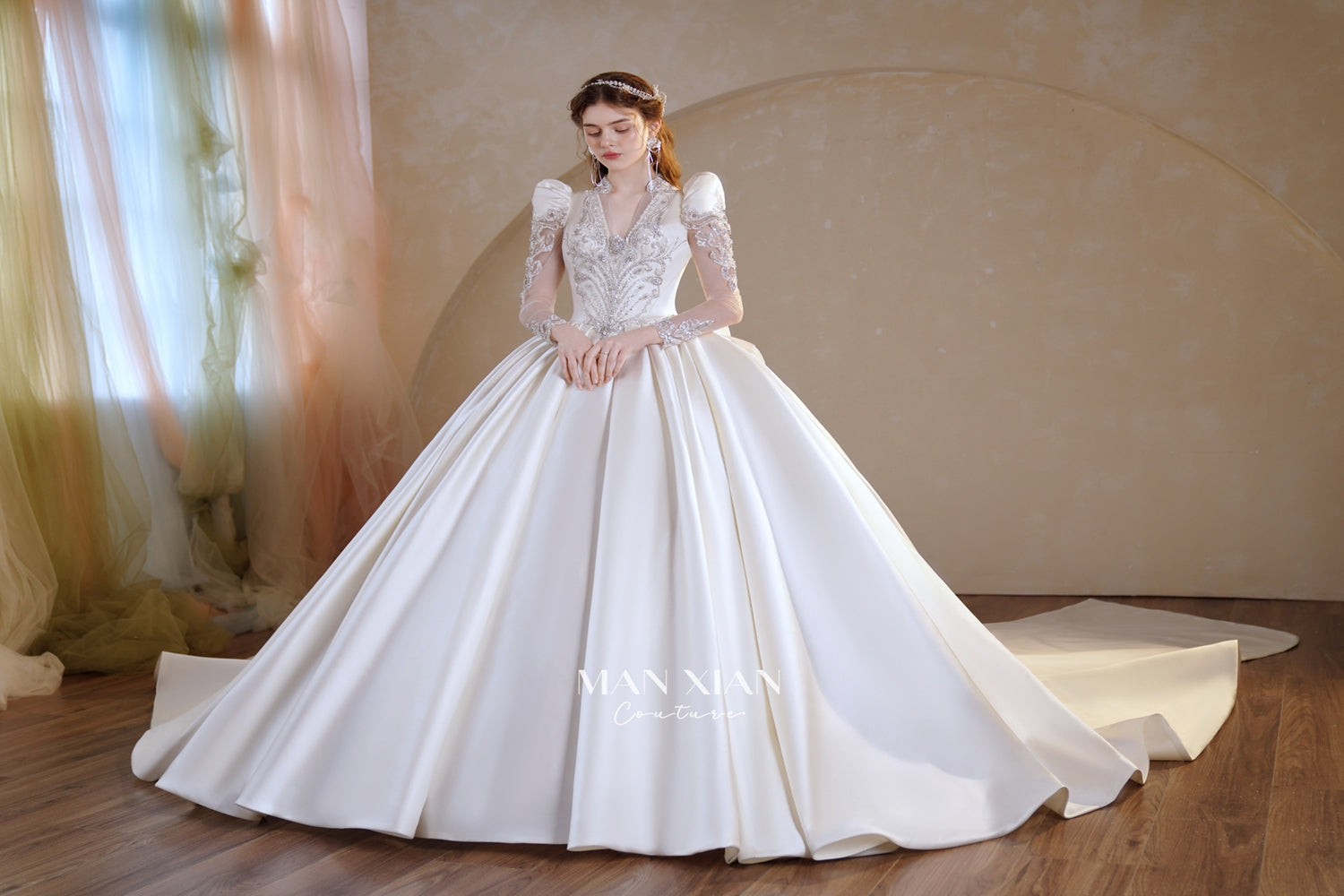 Opulent Ivory V-Neck Satin Ball Gown with Crystal Embroidery, Sheer Sleeves & Keyhole Back Bow A001