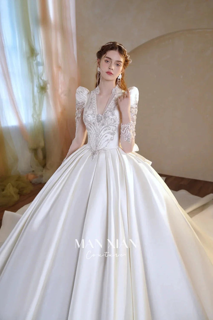 Opulent Ivory V-Neck Satin Ball Gown with Crystal Embroidery, Sheer Sleeves &amp; Keyhole Back Bow A001 by ZAPDRESS