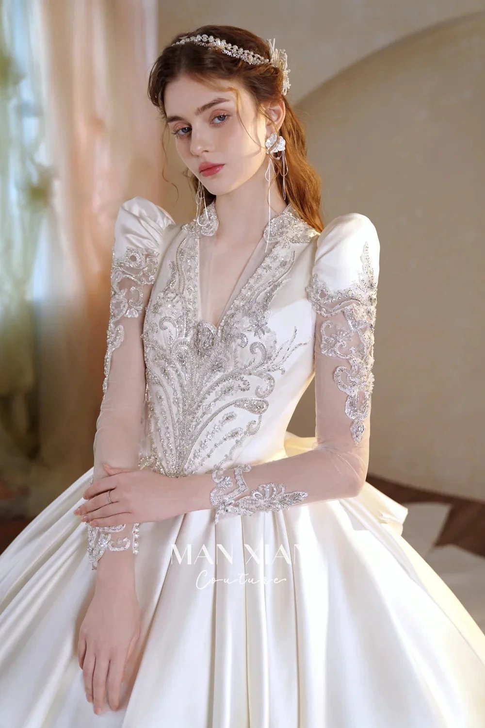 Opulent Ivory V-Neck Satin Ball Gown with Crystal Embroidery, Sheer Sleeves & Keyhole Back Bow A001 by ZAPDRESS