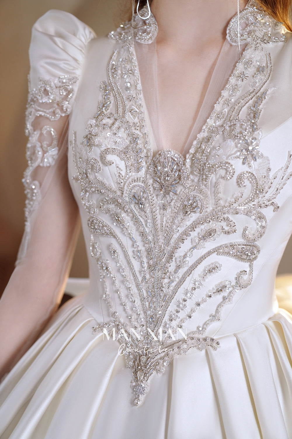 Opulent Ivory V-Neck Satin Ball Gown with Crystal Embroidery, Sheer Sleeves & Keyhole Back Bow A001