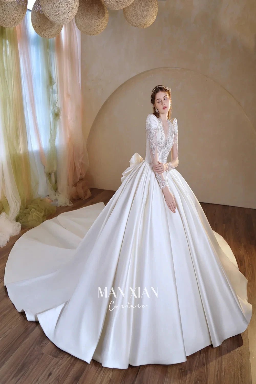 Opulent Ivory V-Neck Satin Ball Gown with Crystal Embroidery, Sheer Sleeves &amp; Keyhole Back Bow A001 by ZAPDRESS