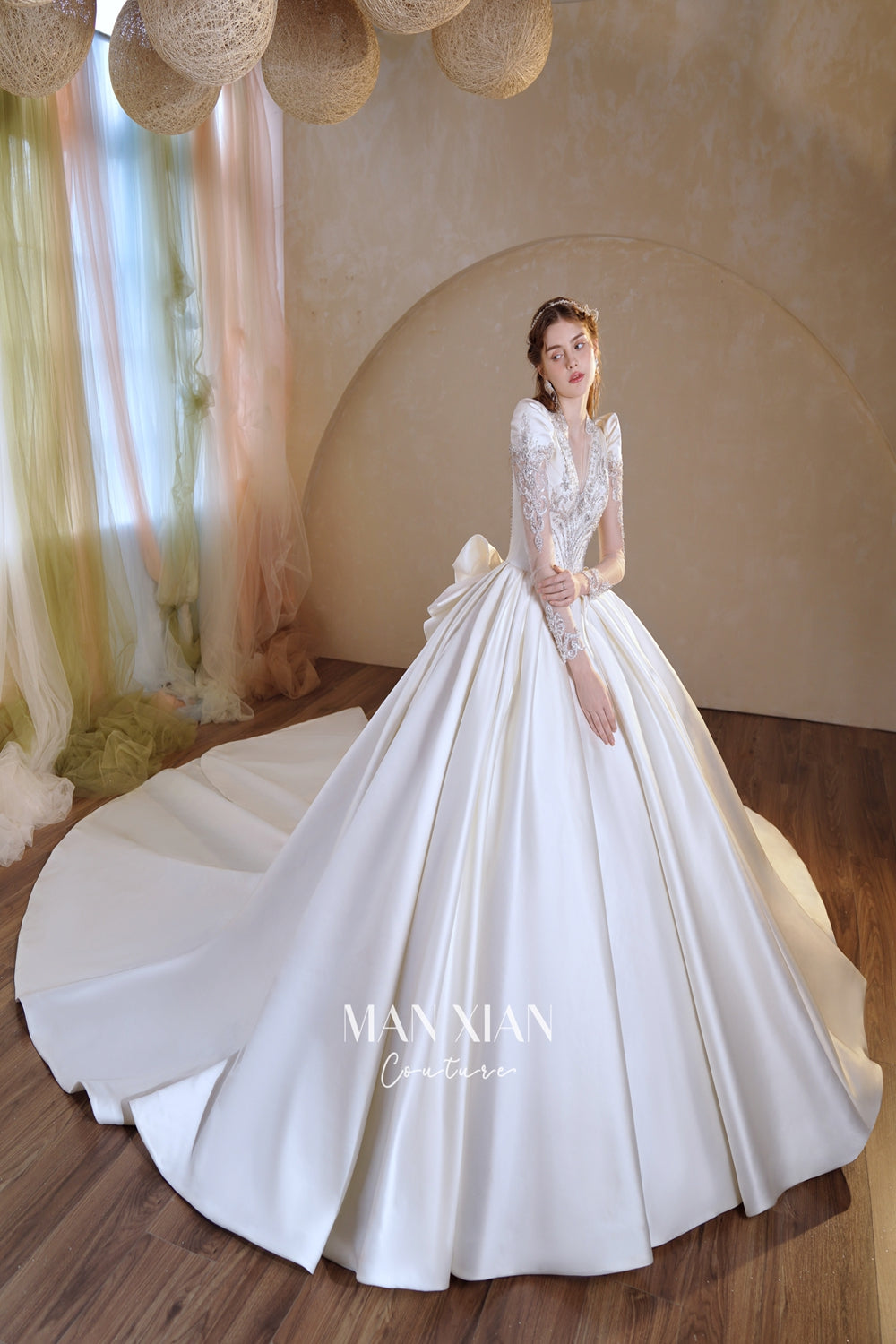 Opulent Ivory V-Neck Satin Ball Gown with Crystal Embroidery, Sheer Sleeves & Keyhole Back Bow A001