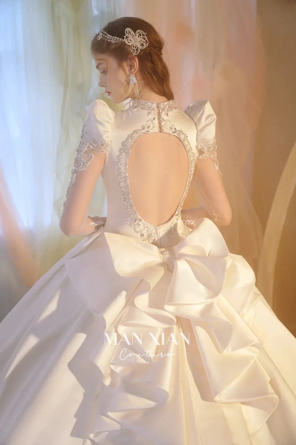 Opulent Ivory V-Neck Satin Ball Gown with Crystal Embroidery, Sheer Sleeves &amp; Keyhole Back Bow A001 by ZAPDRESS