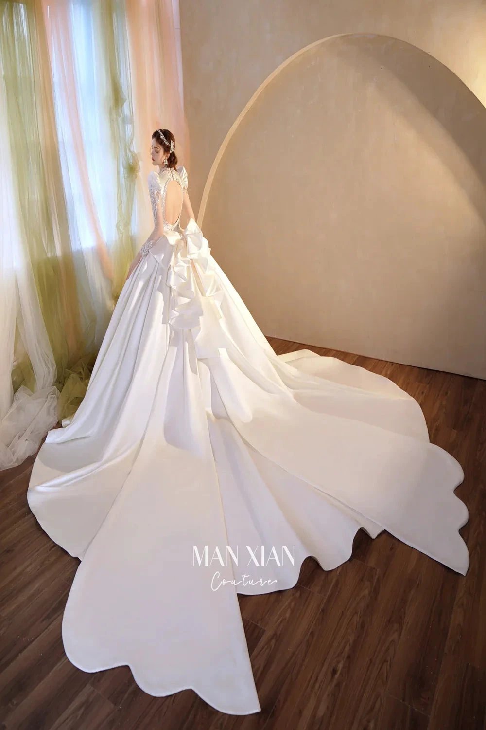 Opulent Ivory V-Neck Satin Ball Gown with Crystal Embroidery, Sheer Sleeves &amp; Keyhole Back Bow A001 by ZAPDRESS