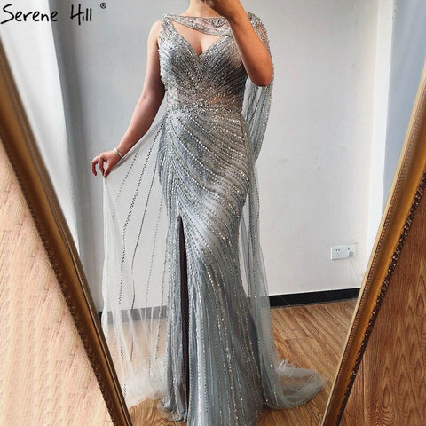 Luxury Champagne Split Diamond Beaded Sleeveless Evening Dress LA70301