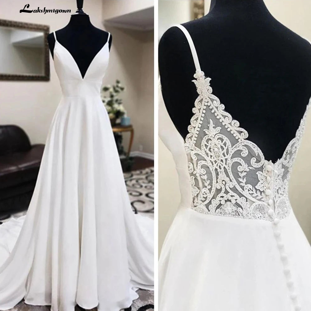 Customized Spaghetti White Sexy Crepe Satin Wedding Dress A Line Engagement Dress Boho Wedding Gowns Dress White Robe De Mariee