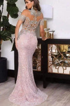 High Neck Pink Half Sleeves Mermaid Prom Dress with Appliques by misshow.com