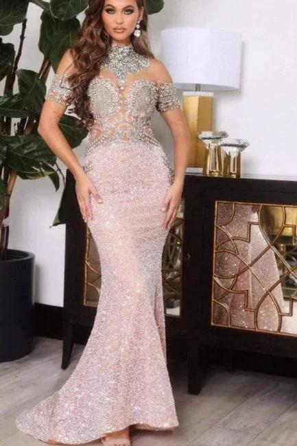 High Neck Pink Half Sleeves Mermaid Prom Dress with Appliques by misshow.com