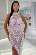 High Neck Pink Unique Mermaid High Split Prom Dress by misshow.com