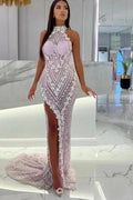 High Neck Pink Unique Mermaid High Split Prom Dress by misshow.com