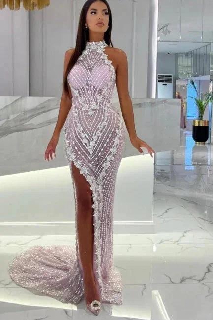 High Neck Pink Unique Mermaid High Split Prom Dress by misshow.com