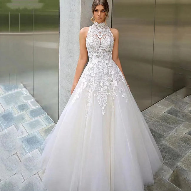 High Neck Vestidos De Novia Appliques Vestido De Noiva Sleeveless Wedding Dresses Lace Robe De Mariée Hover Image