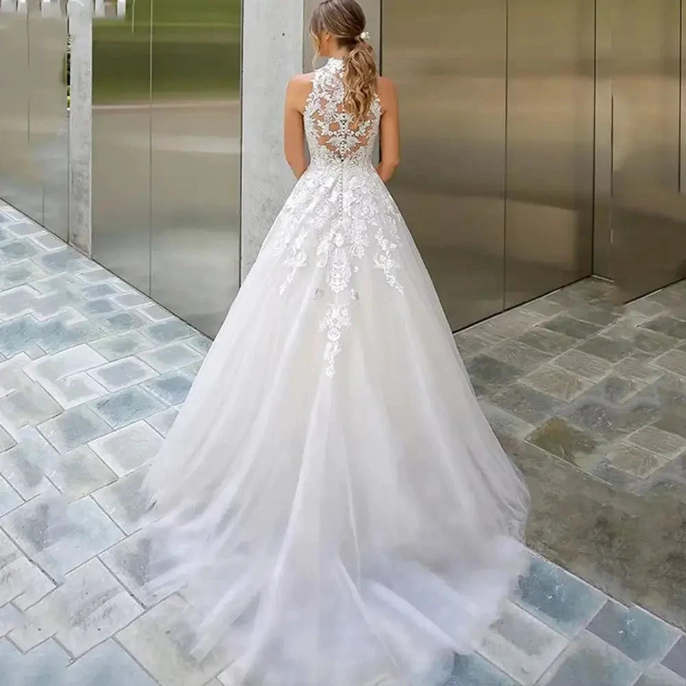 High Neck Vestidos De Novia Appliques Vestido De Noiva Sleeveless Wedding Dresses Lace Robe De Mariée by payinti