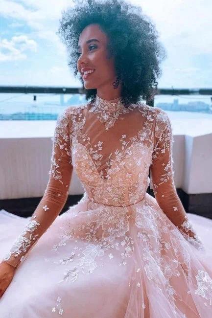 High neck Elegant Lace Long sleeves Wedding Dress by misshow.com
