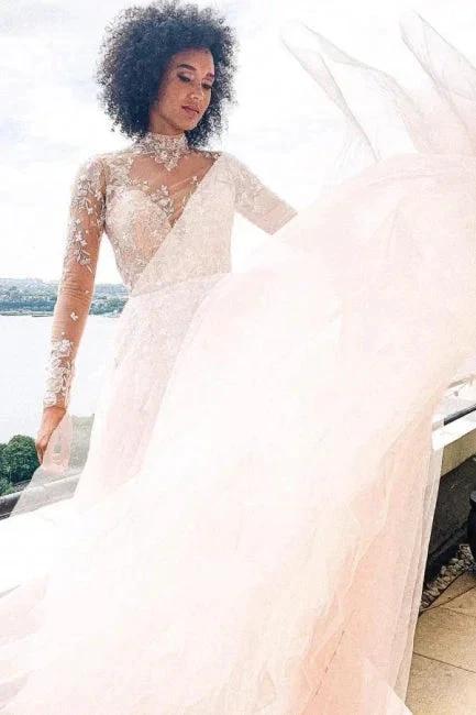 High neck Elegant Lace Long sleeves Wedding Dress by misshow.com