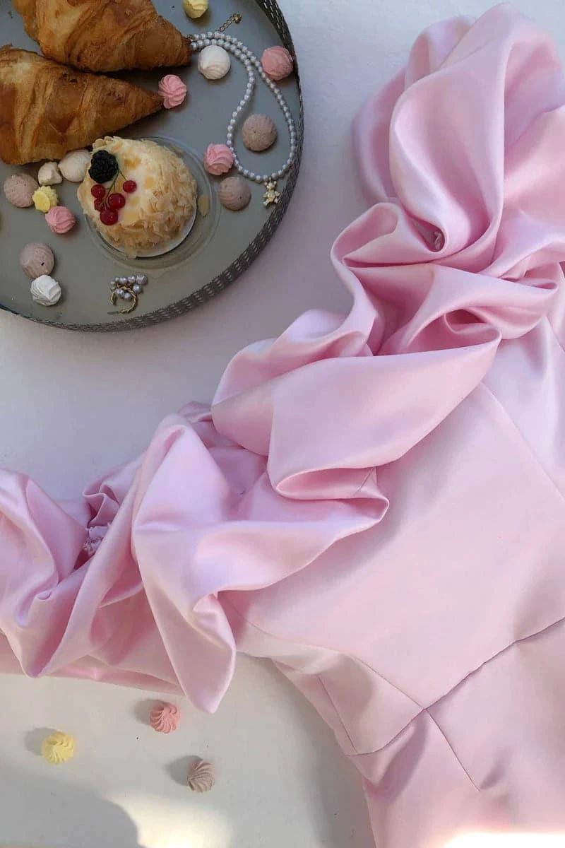 pink satin mini dress Off The Shoulder Short Dresses SYH2 by vivymakudress