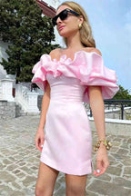pink satin mini dress Off The Shoulder Short Dresses SYH2 by vivymakudress