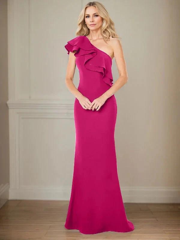 A-line One Shoulder Floor-Length Chiffon Mother of the Bride Dress With Ruffles by Dreamylily