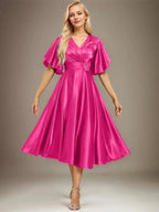A-line V-Neck Tea-Length Stretch Satin Mother of the Bride Dress With Beading Pleated by Dreamylily