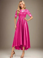 A-line Scoop Illusion Asymmetrical Stretch Satin Lace Mother of the Bride Dress With Sequins by Dreamylily