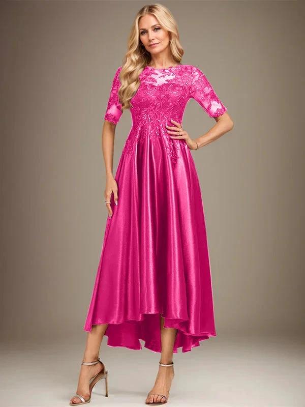 A-line Scoop Illusion Asymmetrical Stretch Satin Lace Mother of the Bride Dress With Sequins by Dreamylily