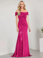A-Line Off the Shoulder Floor-Length Mother of the Bride Dress Applique Beadings Mermaid Dress With High Split by Dreamylily