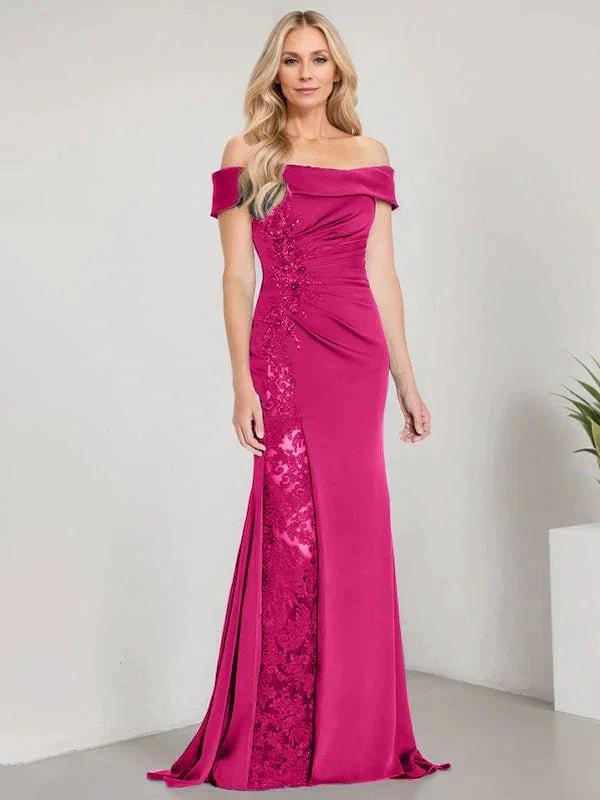 A-Line Off the Shoulder Floor-Length Mother of the Bride Dress Applique Beadings Mermaid Dress With High Split by Dreamylily