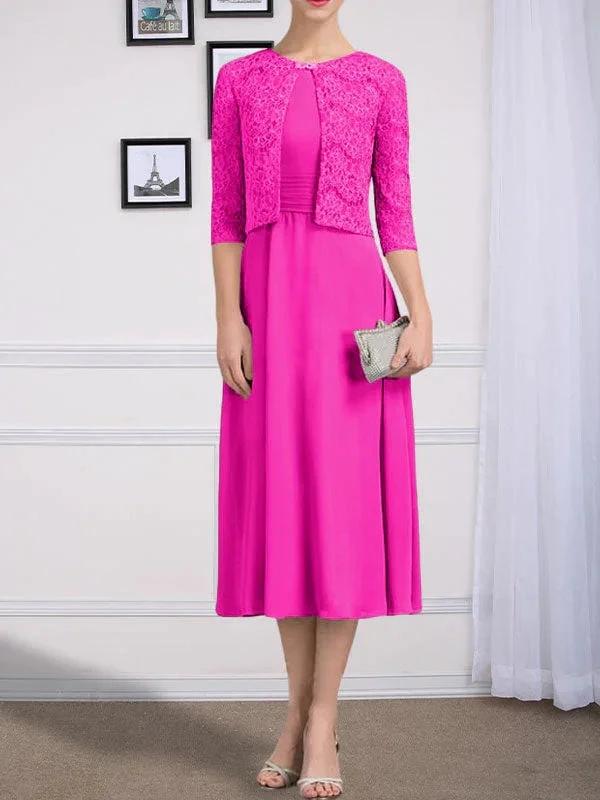 A-line Scoop Tea-Length Chiffon Mother of the Bride Dress With Pleated by Dreamylily