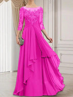 A-line Scoop Illusion Floor-Length Lace Chiffon Mother of the Bride Dress With Cascading Ruffles by Dreamylily