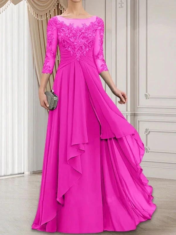 A-line Scoop Illusion Floor-Length Lace Chiffon Mother of the Bride Dress With Cascading Ruffles by Dreamylily