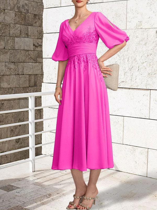 A-line V-Neck Tea-Length Lace Chiffon Mother of the Bride Dress With Pleated by Dreamylily