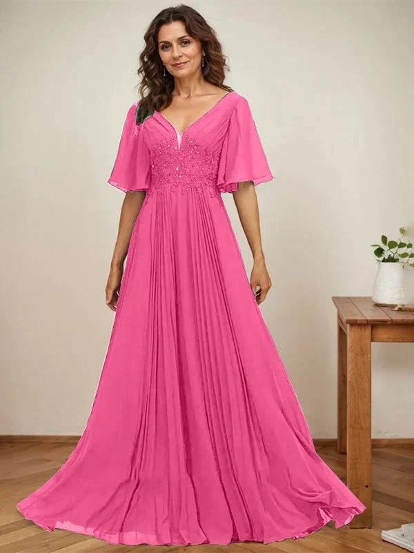 A-line V-Neck Floor-Length Chiffon Mother of the Bride Dress With Sequins Appliques Lace Pleated by Dreamylily