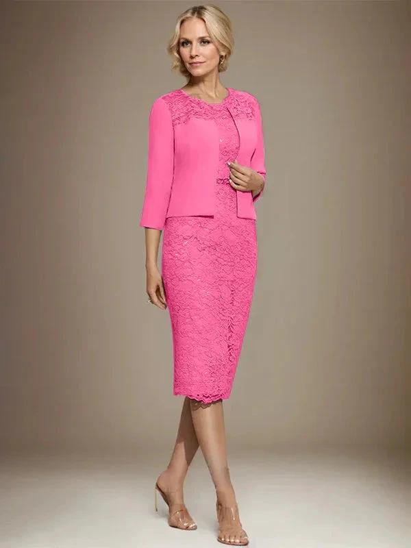 Sheath/Column Scoop Knee-Length Chiffon Lace Mother of the Bride Dress With Beading by Dreamylily