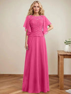 A-line Scoop Illusion Floor-Length Lace Chiffon Mother of the Bride Dress With Sequins by Dreamylily