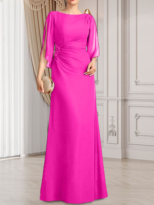 Etui-Linie/Säule U-Ausschnitt Bodenlang Chiffon Kleid für die Brautmutter mit Plissee Perlenbesatz