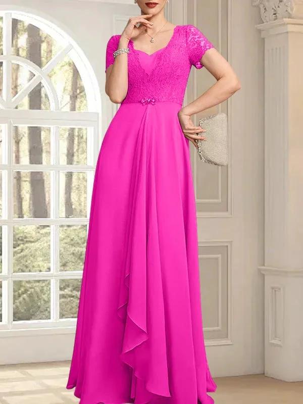 A-line Sweetheart Floor-Length Chiffon Lace Mother of the Bride Dress With Beading Cascading Ruffles by Dreamylily