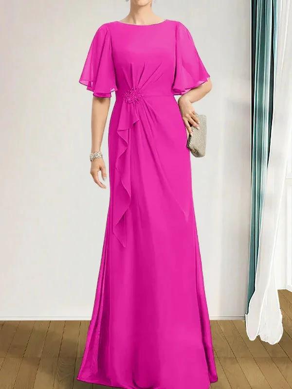 A-line Scoop Floor-Length Chiffon Mother of the Bride Dress With Cascading Ruffles Beading Sequins by Dreamylily
