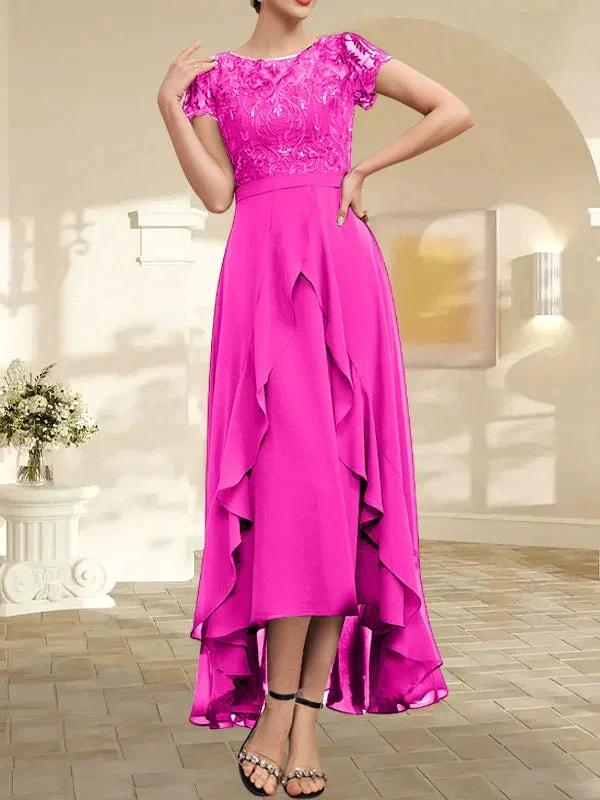 A-line Scoop Illusion Asymmetrical Chiffon Lace Mother of the Bride Dress With Bow Ruffle Sequins by Dreamylily