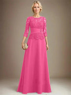 A-line Scoop Illusion Floor-Length Chiffon Lace Mother of the Bride Dress With Pleated Sequins Beading by Dreamylily