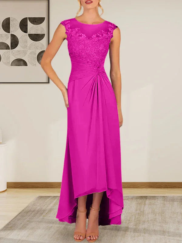 Vestido de gasa con encaje y escote redondo en forma de A color champán