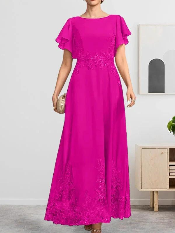 A-line Scoop Ankle-Length Lace Chiffon Mother of the Bride Dress With Sequins by Dreamylily