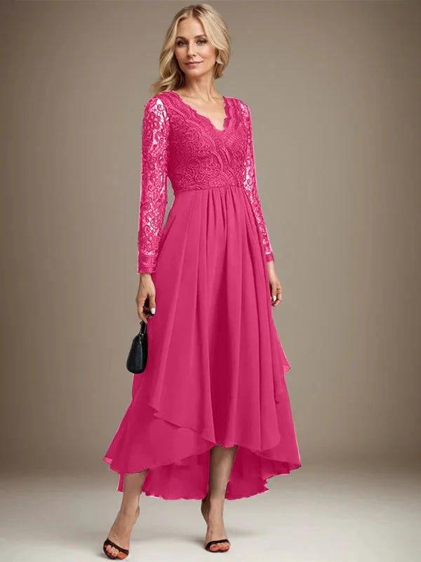 A-line V-Neck Asymmetrical Lace Chiffon Mother of the Bride Dress by Dreamylily