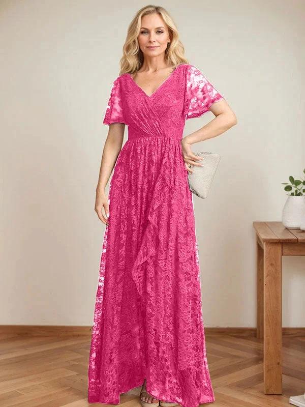 A-Line V-Neck Asymmetrical Lace Mother of the Bride Dress With Cascading Ruffles by Dreamylily