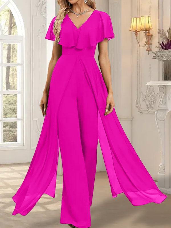 Jumpsuit/Pantsuit V-Neck Floor-Length Chiffon Evening Dress